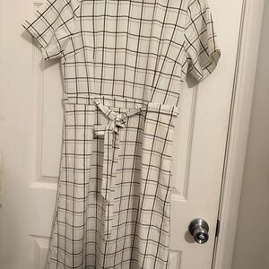 Polagram White and Brown Plaid Midi Dress